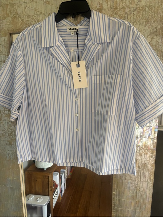 STAUD Tops - STAUD Light Blue and White Vertical Stripe Camp Shirt